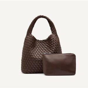 Brown Woven Tote Bag with Pouch